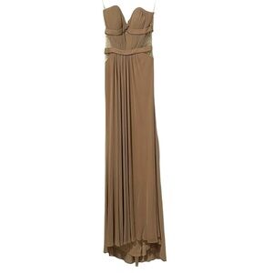 La Femme Size 6 Tan Strapless Mesh Bedazzle Cutout Maxi Dress Formal Party